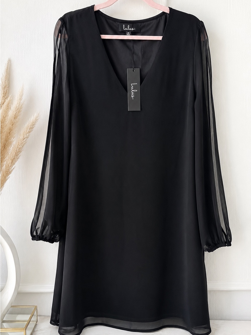 Lulus Black Chiffon Split-Sleeve Shift Dress – NWT Size Medium - Picture 4 of 6